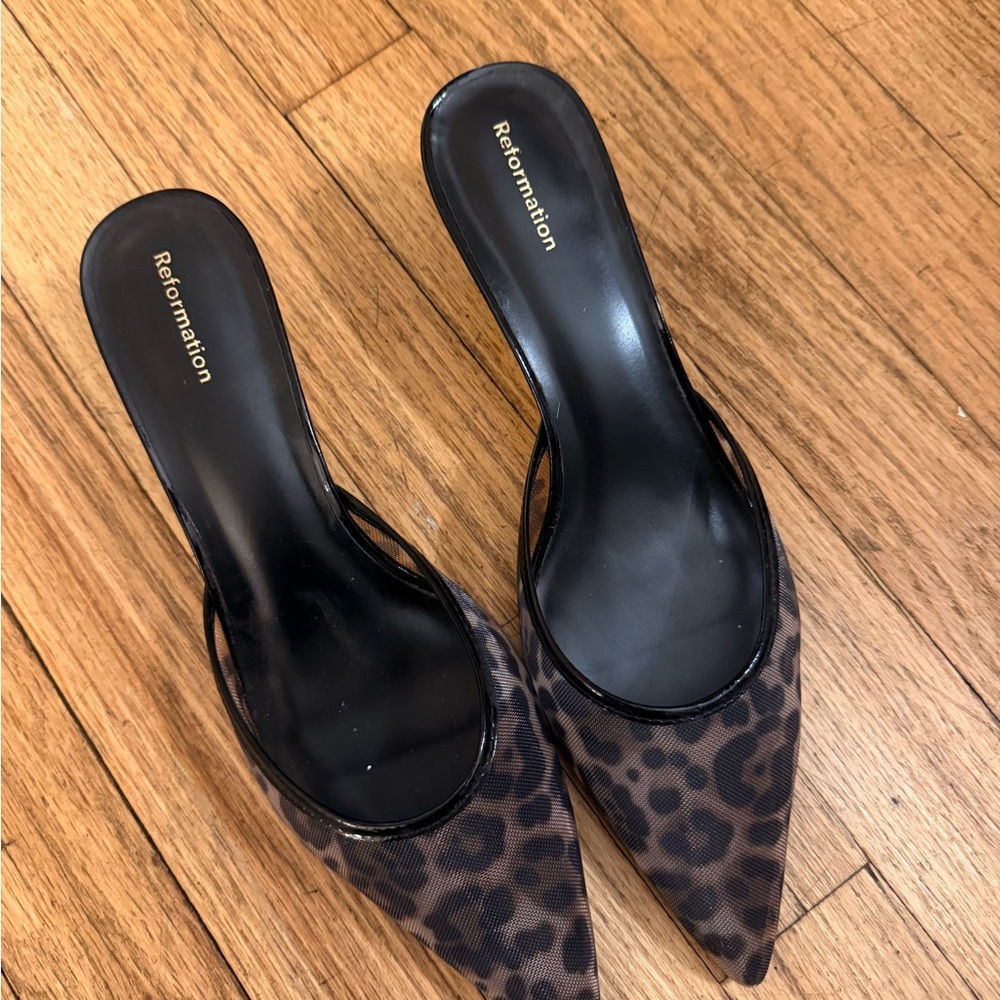 Reformation Black and Brown Leopard Heels